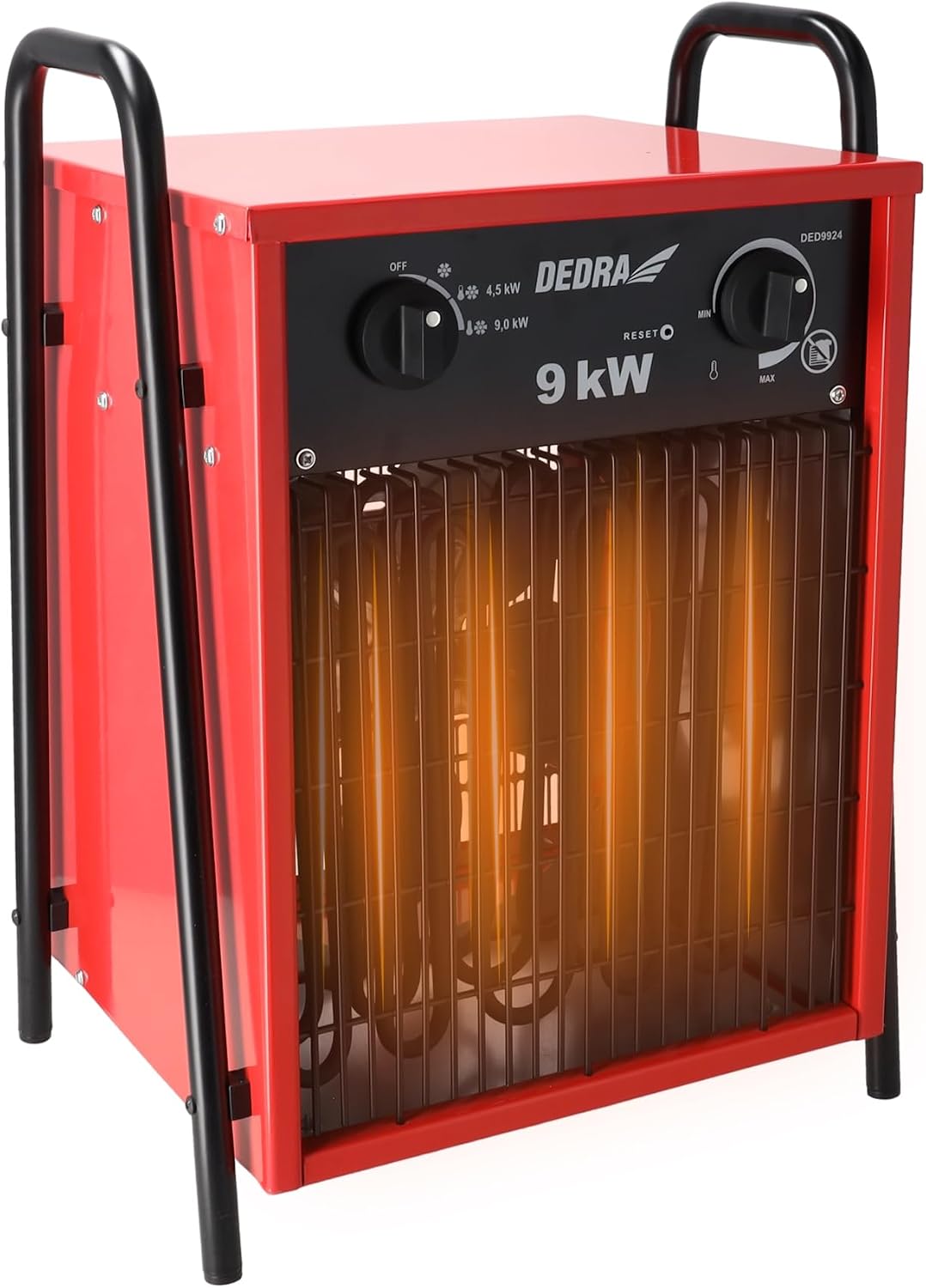 Dedra Elektrische kachel luchtverwarmer 9 kW, 400 V, geschikt, vierkant, voor gebruik in afgesloten ruimtes, thermostaat, drie bedrijfsstanden