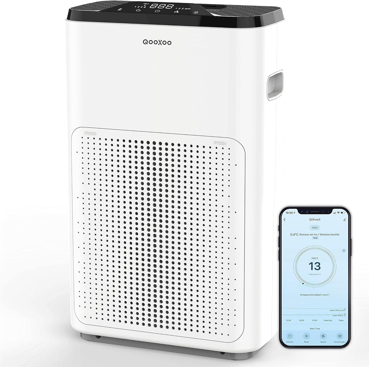 QooXoo Luchtreiniger Nieuw! QXPure3, CADR 215 m3/h -tot 50 m2, HEPA13-filter, schadelijke stoffen & QXAir+-technologie doodt 99,95% van de virussen en