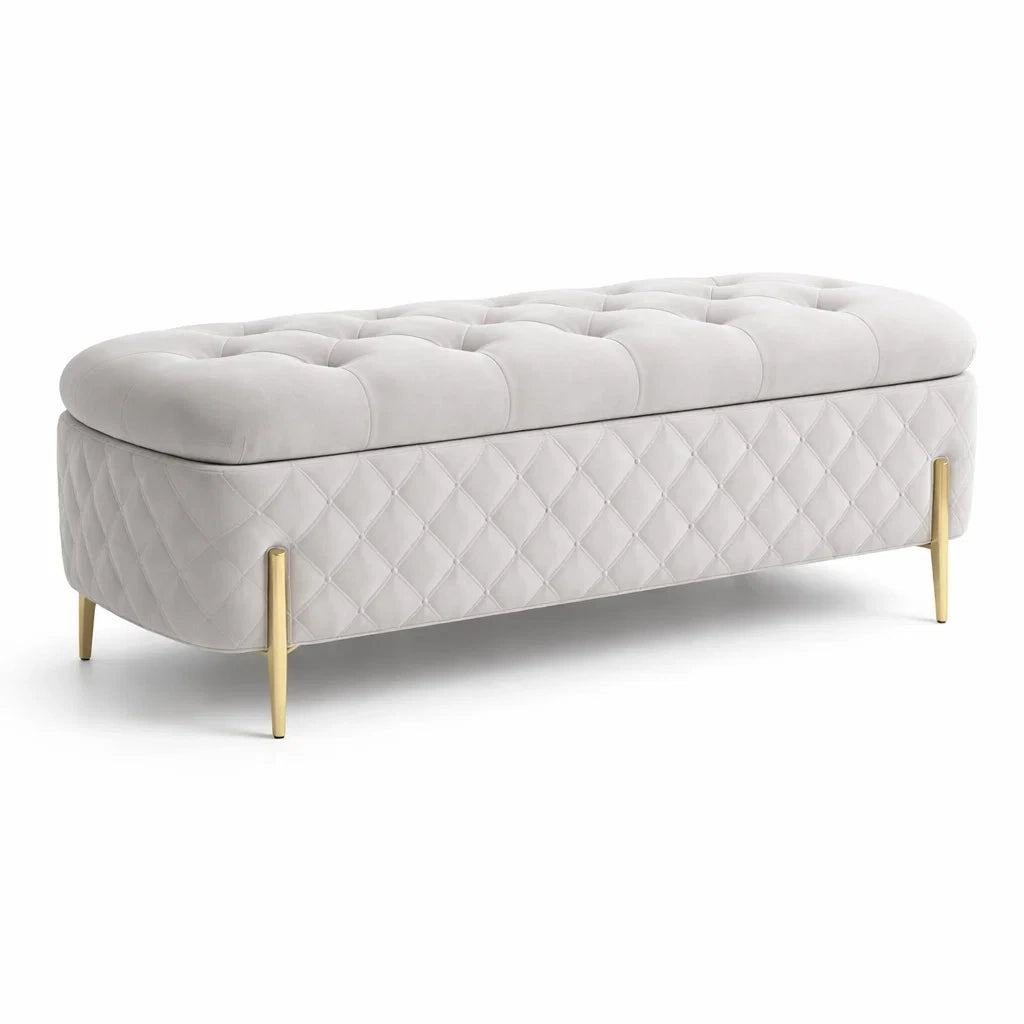 Velours Sitzbank Beige mit Stauraum und Metallbeinen