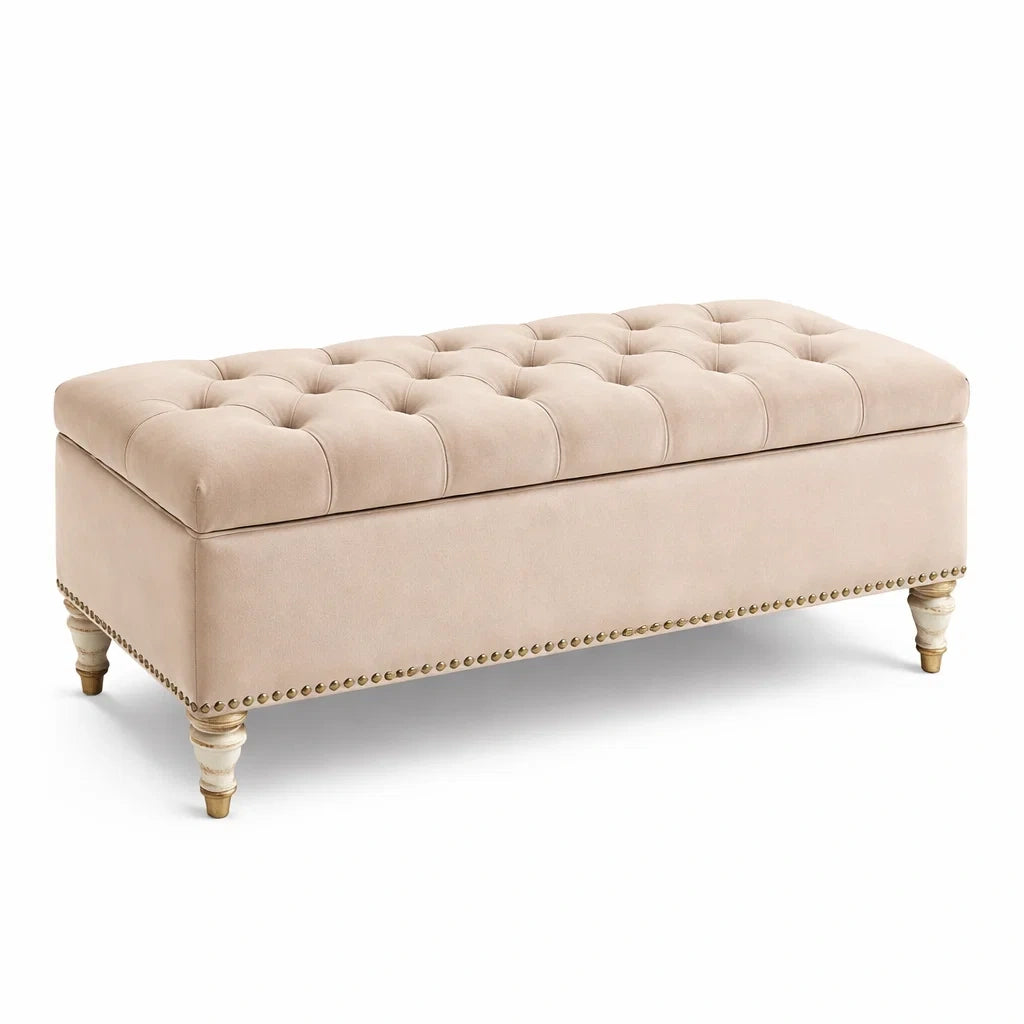 Mikrofaser Truhe mit Stauraum, Holzbeinen und Knopfheftung - Beige