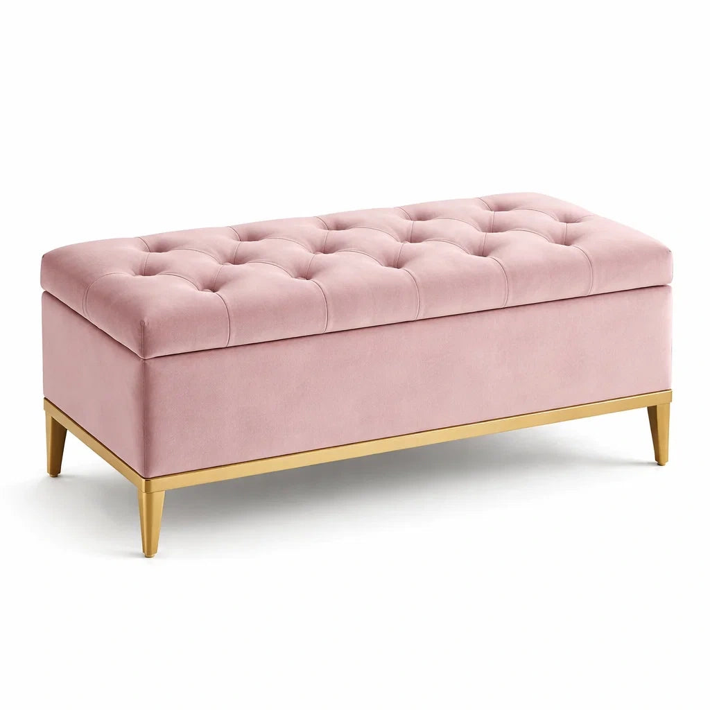 Samt-Polsterbank Rosa mit Stauraum und Metallbeinen
