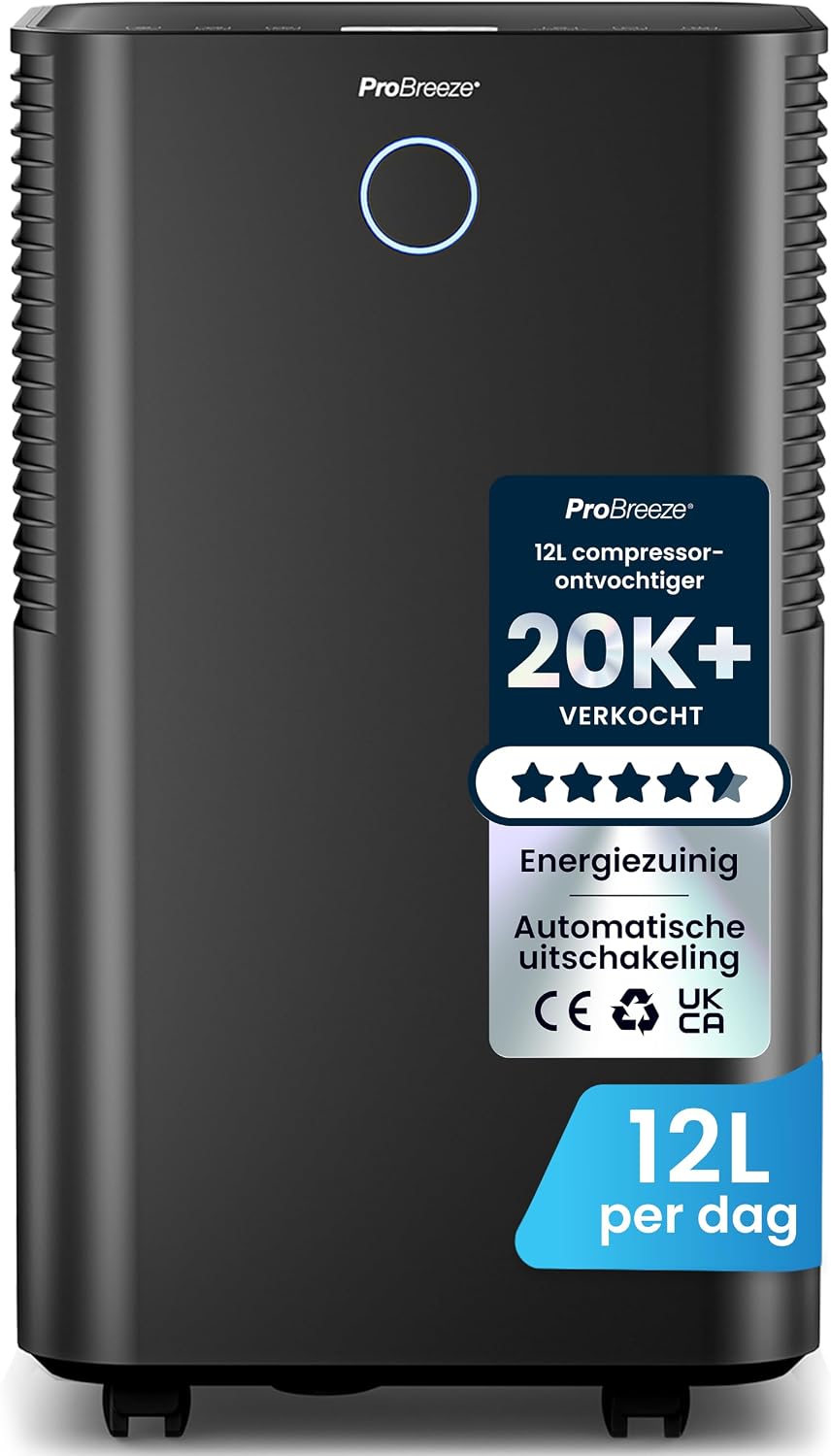 Pro Breeze Luchtontvochtiger 12 L/Dag – 24, Wasdroogstand – 2L Watertank en Doorlopende Afvoer, Uurs Timer, Zwart