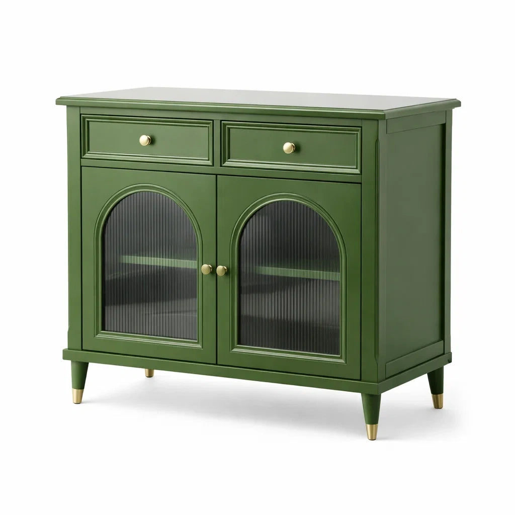 Grünes Holz-Sideboard mit geriffelten Glastüren und Schubladen