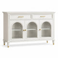 Weißes Massivholz-Sideboard mit gehärtetem Glas und Messinggriffen