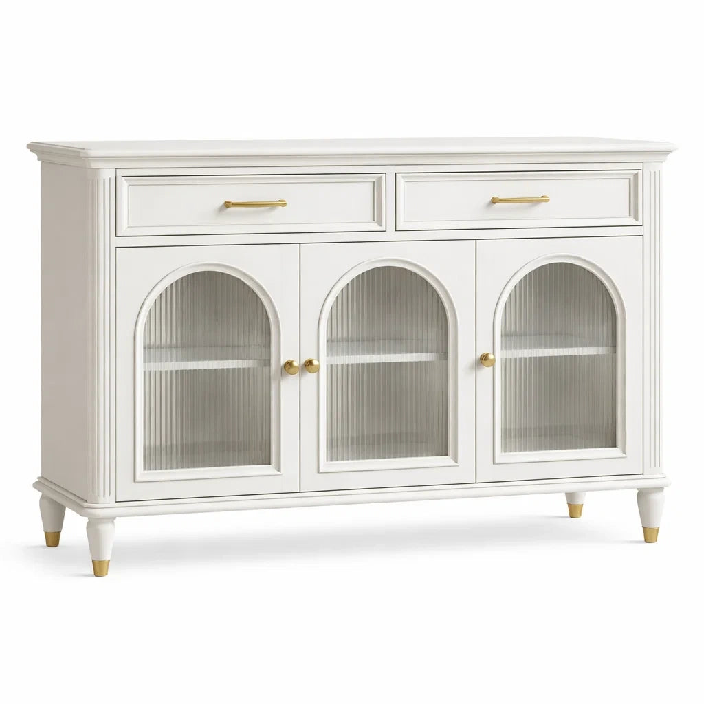Weißes Massivholz-Sideboard mit gehärtetem Glas und Messinggriffen