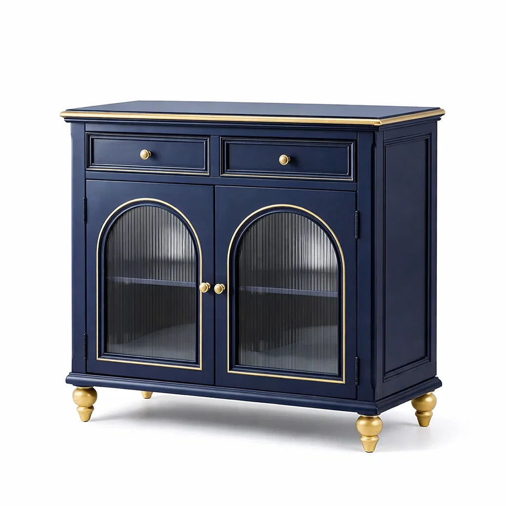 Holz Sideboard mit Glasfronten und Schubladen in Blau und Gold