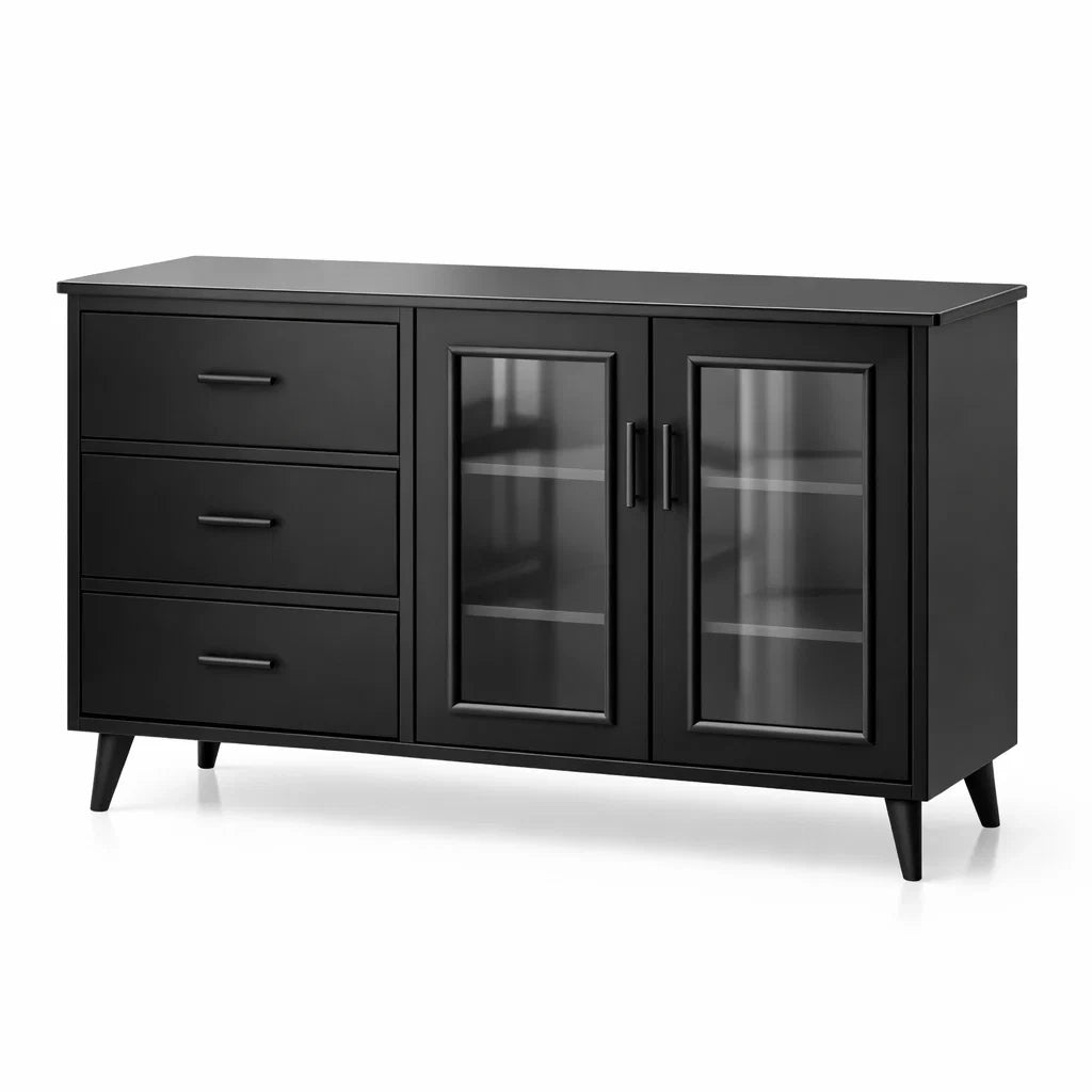 Schwarzes Sideboard aus MDF und gehärtetem Glas mit 3 Schubladen und 2 Glastüren