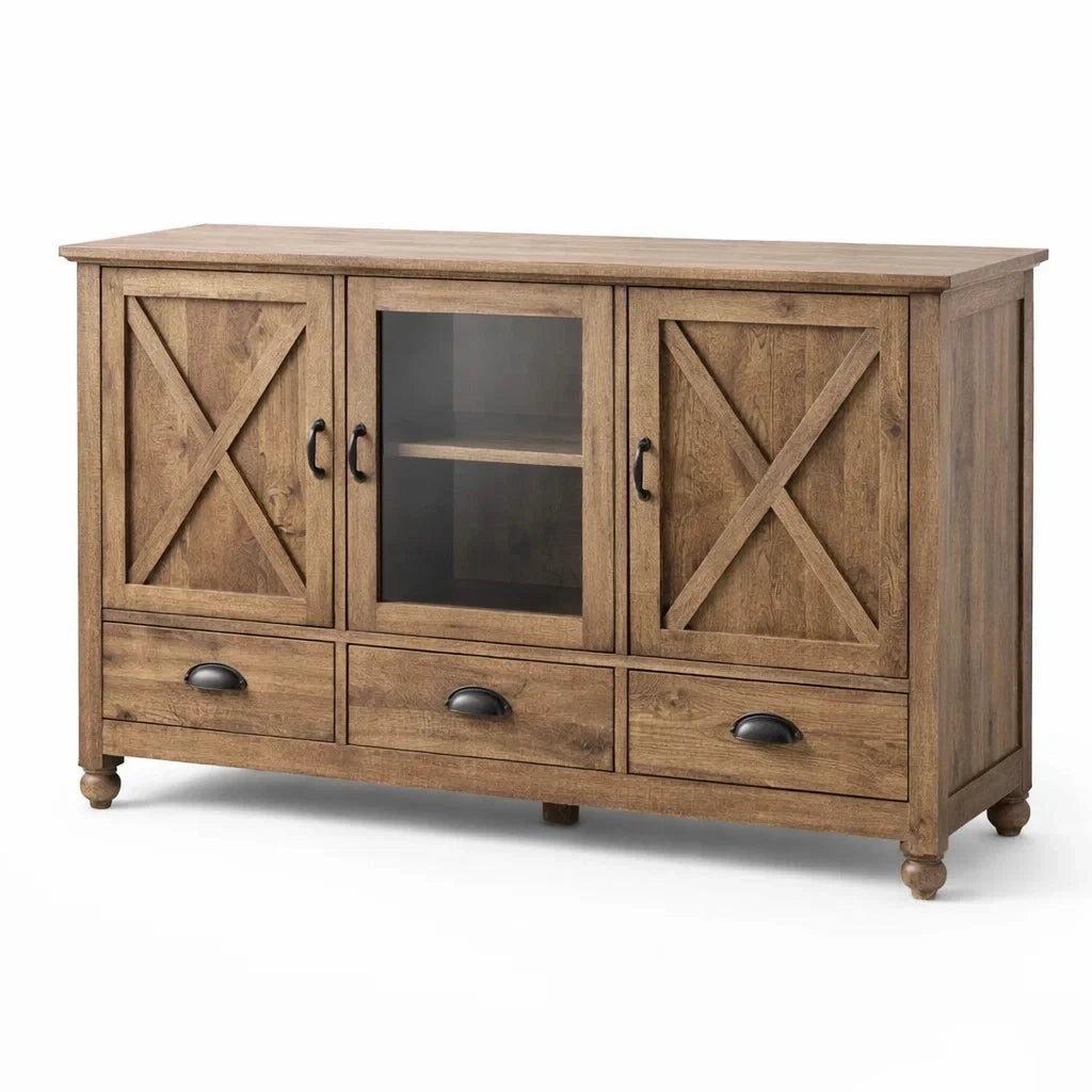 Sideboard aus Eiche mit gehärtetem Glas und drei Schubladen 120x40x80cm