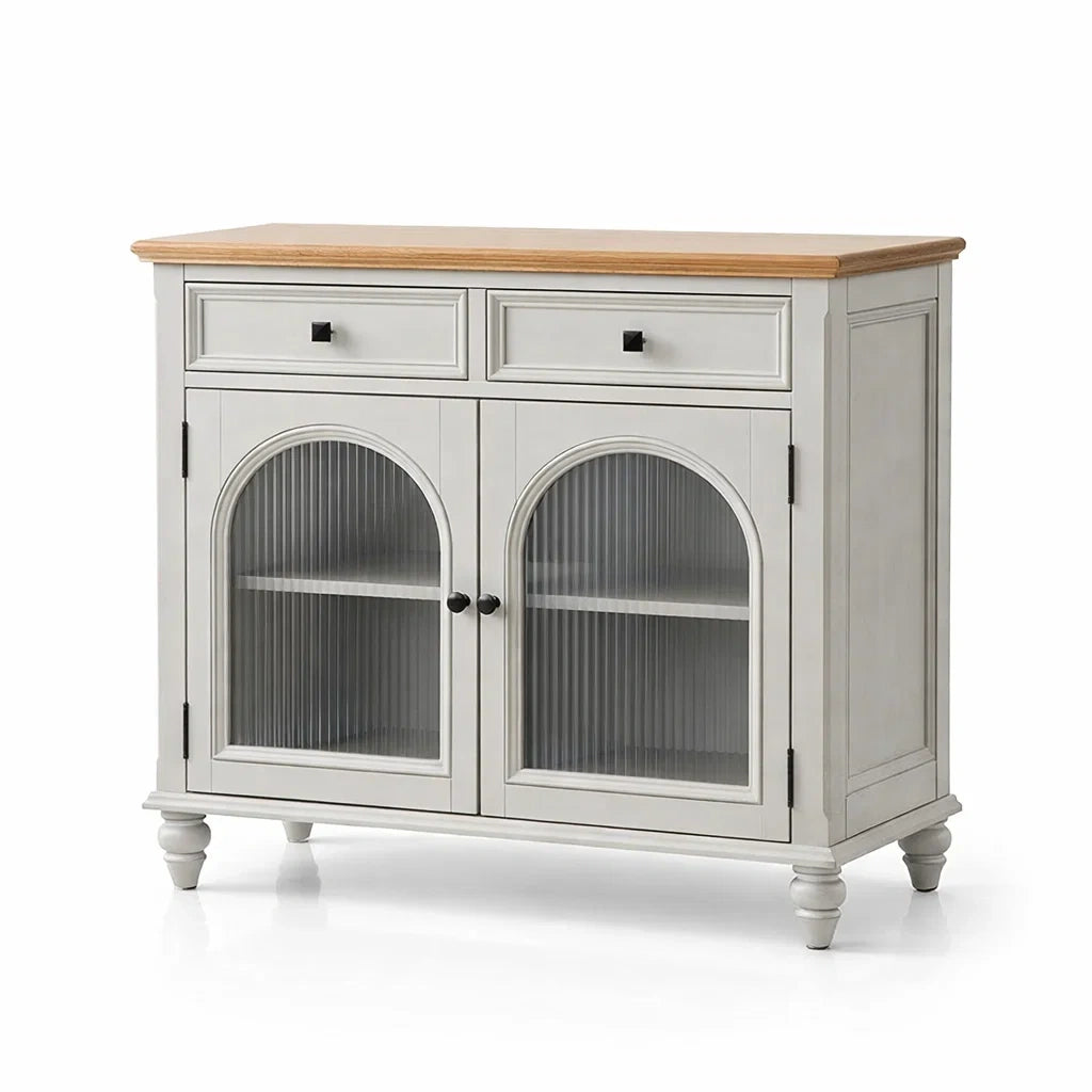 Sideboard aus MDF mit Holzplatte und gerillten Glastüren Grau 110x80x40 cm