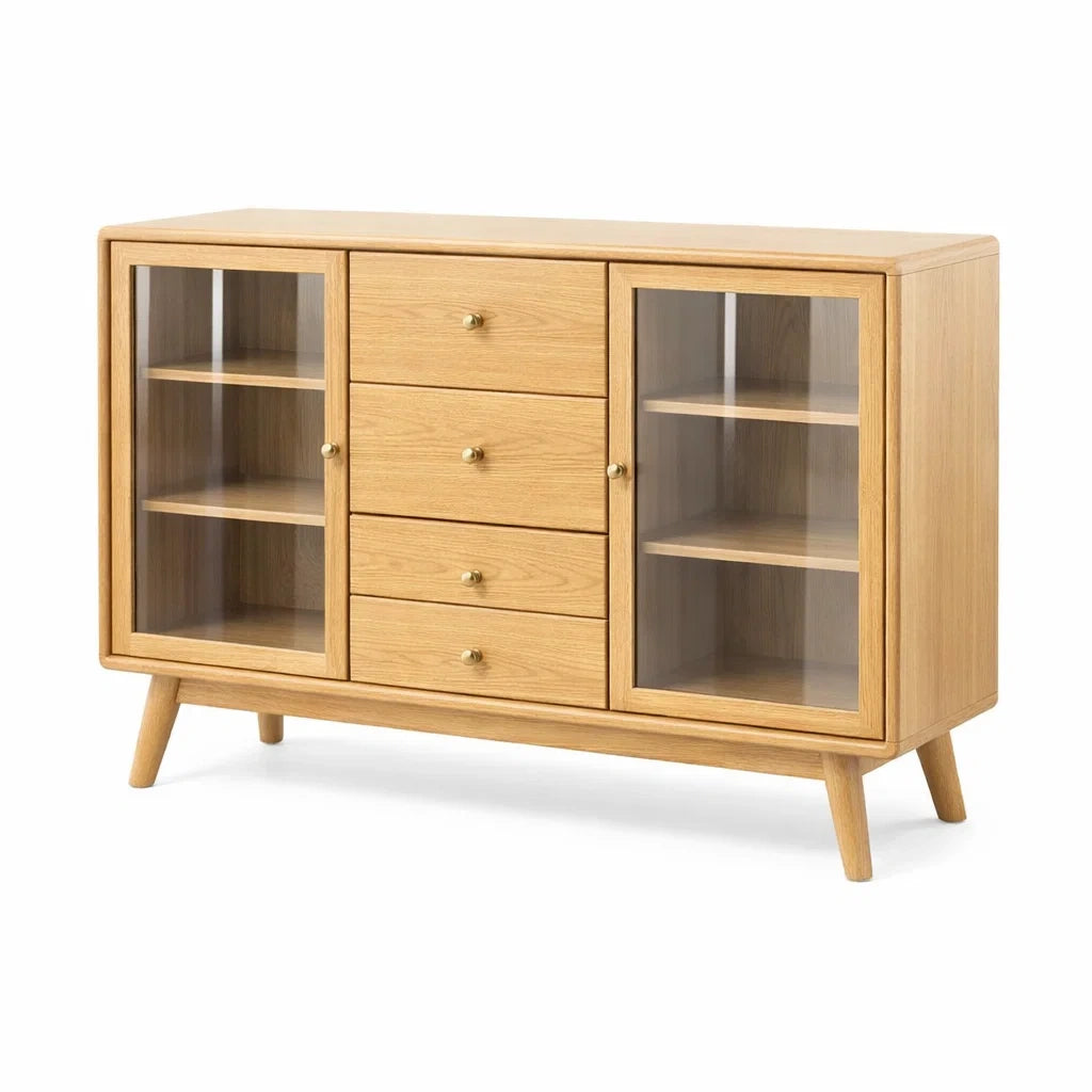 Eichenholz Sideboard mit Glastüren und 4 Schubladen 120x40x80cm