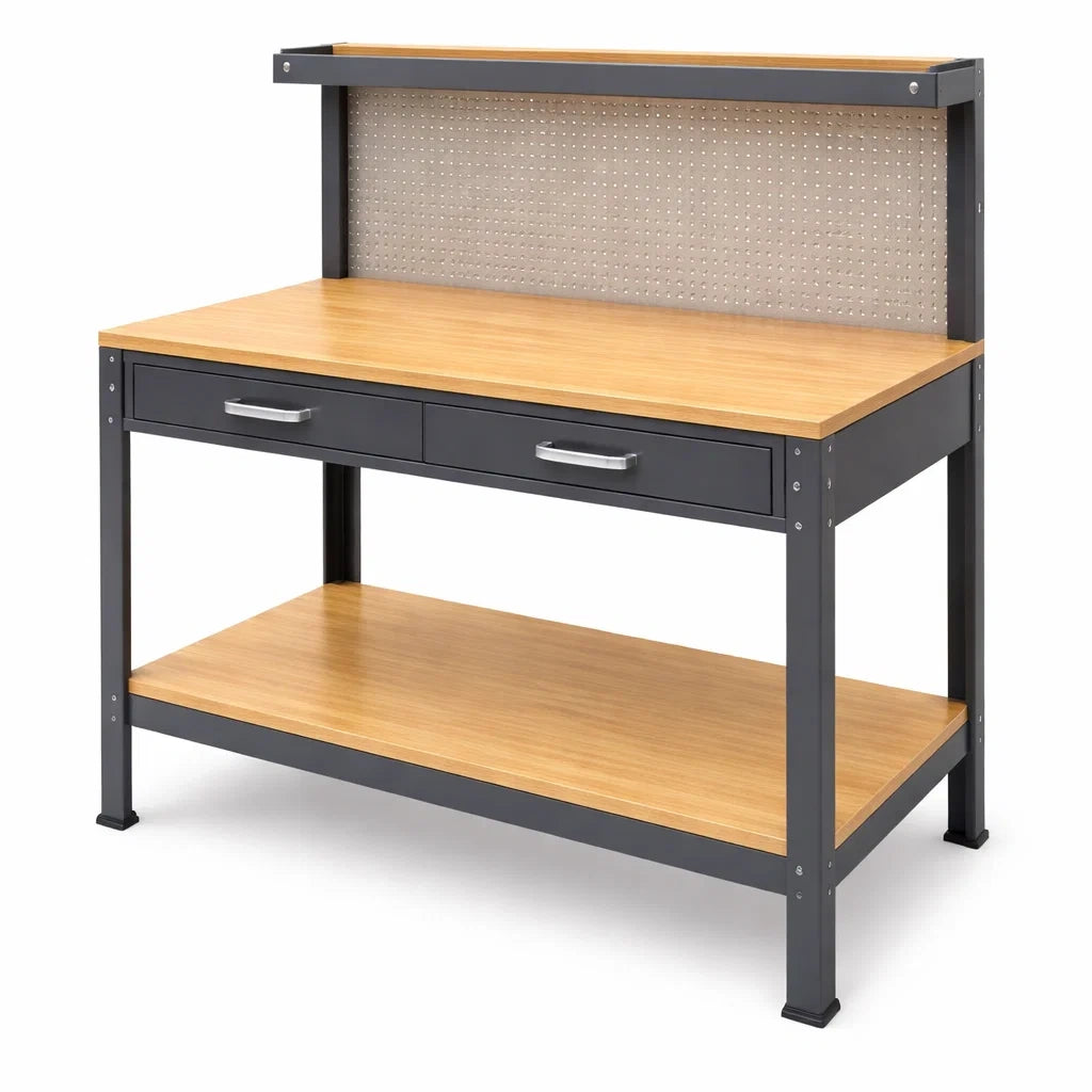 Werkbank aus Stahl mit Holzoberfläche und Schubladen 120x60x150cm