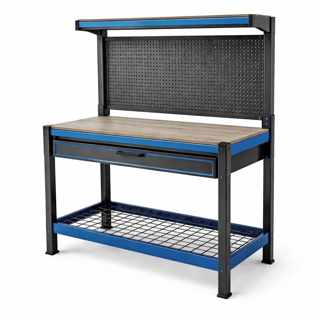 Metall-Werkbank mit MDF-Holzplatte, Blau/Schwarz, 120x60x150 cm