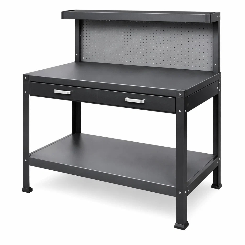 Metallwerkbank mit Schublade und Regal Stahl Schwarz 120x60x150cm