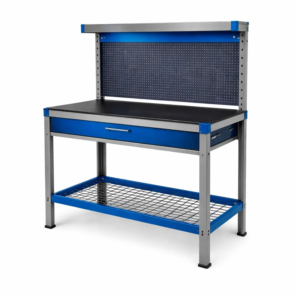 Metall Werkbank mit MDF Tischplatte und Lochrückwand, Blau, 120x60x150 cm