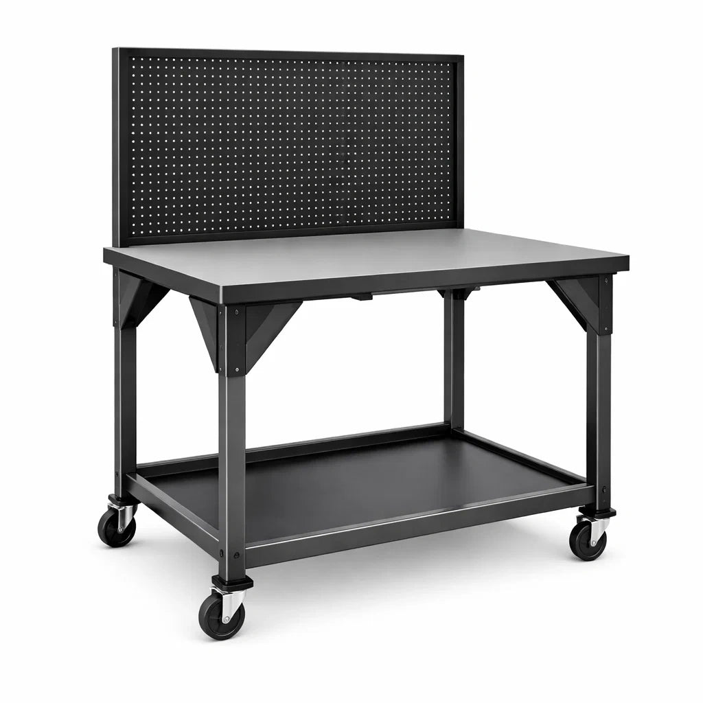 Stahl Arbeitstisch mit Rollen, Edelstahlfläche, Lochwand und Regal 120x60x90 cm