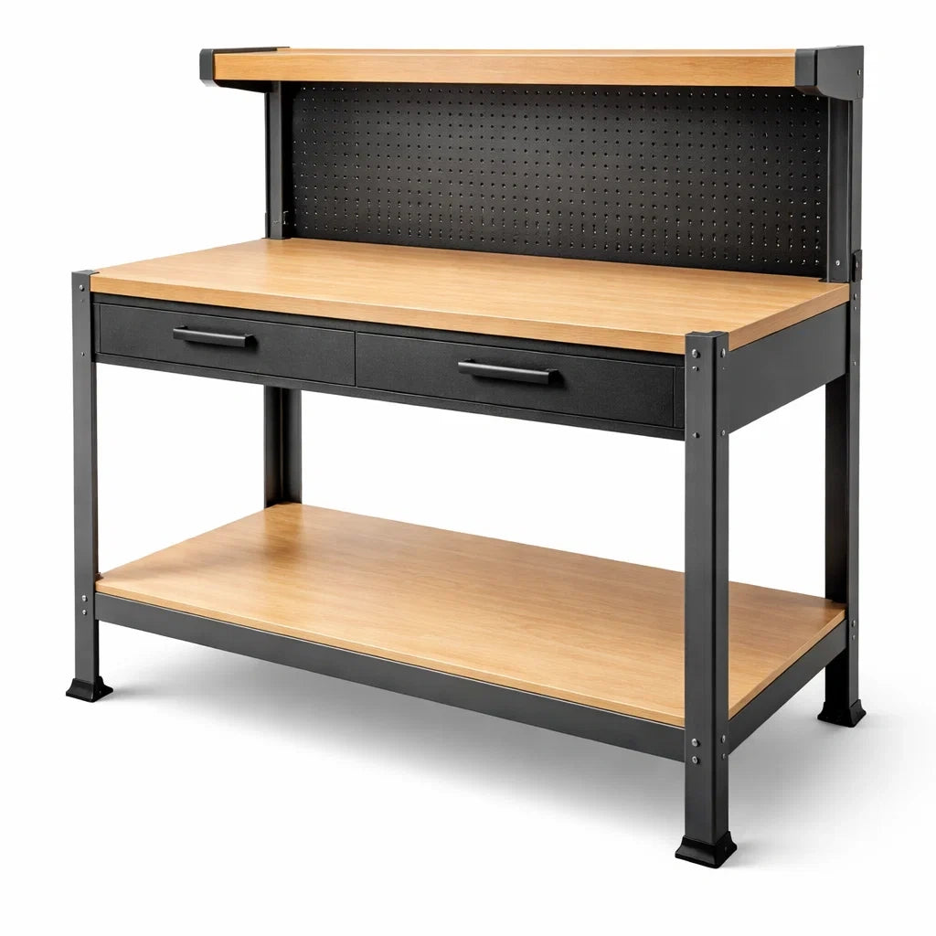 Werkbank aus Stahl und Holz mit Schubladen