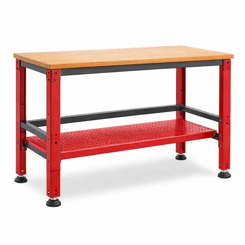 Werkbank mit Holzplatte und roten Stahlbeinen 120x60x90 cm