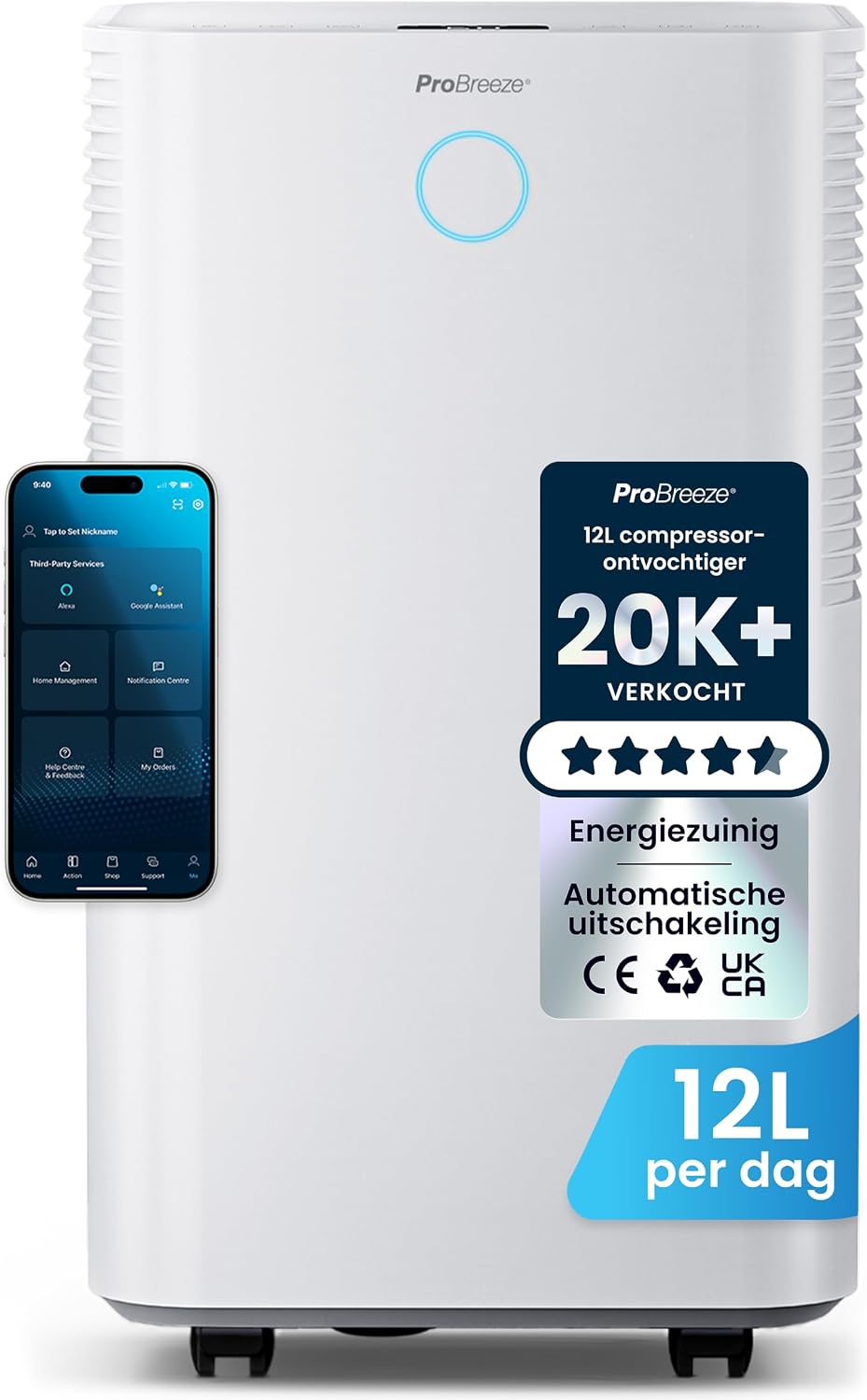 Pro Breeze Luchtontvochtiger 12 L/Dag WiFi, Automatische Vochtigheidssensor – 24, Was droogstanden – 2L Watertank, met Smart App, Uurs Timer