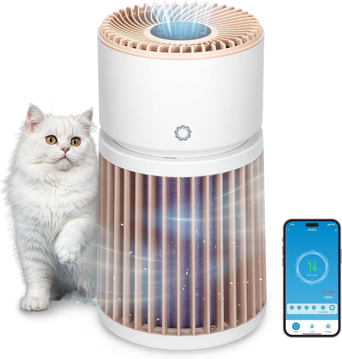 Luchtreiniger Airthereal, grote ruimte 325 m2, filter H13 paars, sensor PM2.5, AGH400, voor dieren, geurverwijderaar, haren, stof en rook, PET