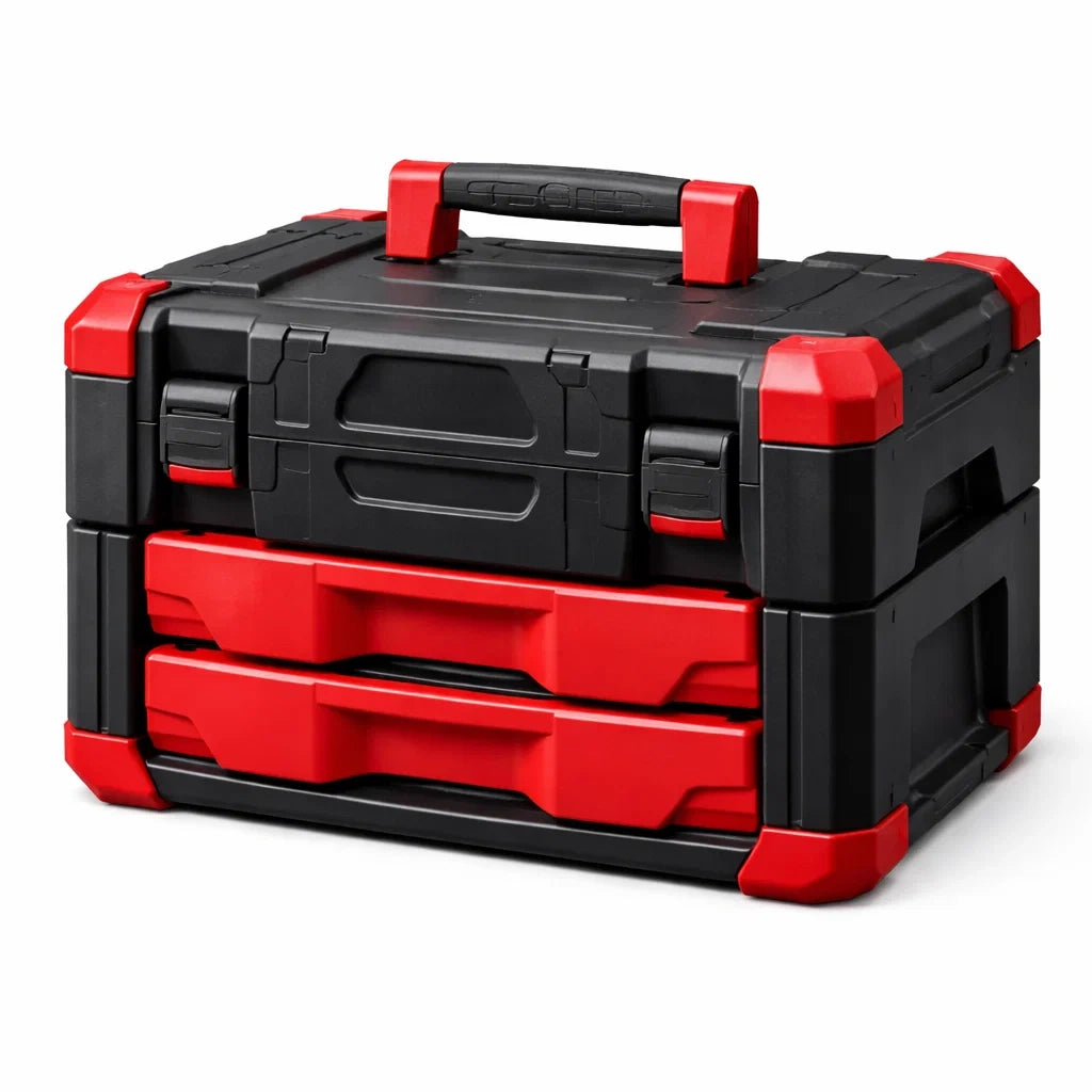 Kunststoff Werkzeugkiste stapelbar mit Schubladen ABS Schwarz Rot 40x30x25 cm