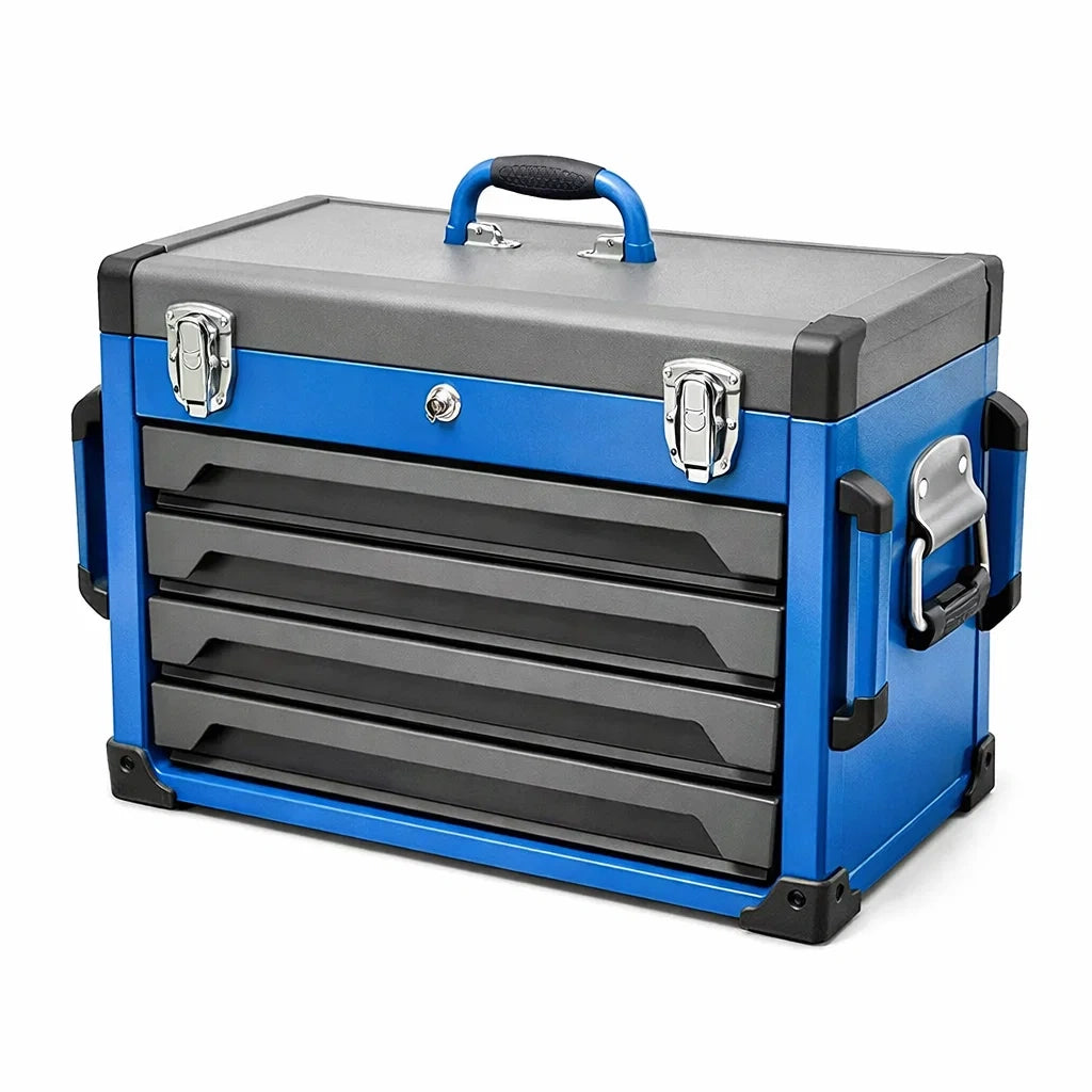 Werkzeugkoffer mit 4 Schubladen aus Edelstahl und ABS-Kunststoff Blau/Schwarz 52x30x35 cm