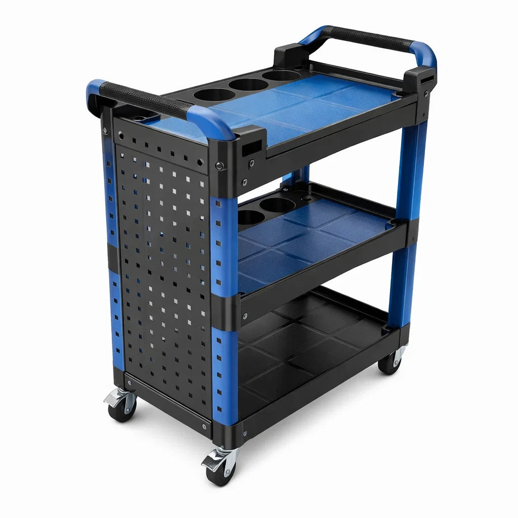 Werkzeugwagen aus Stahl und Kunststoff in Blau/Schwarz mit 3 Ebenen