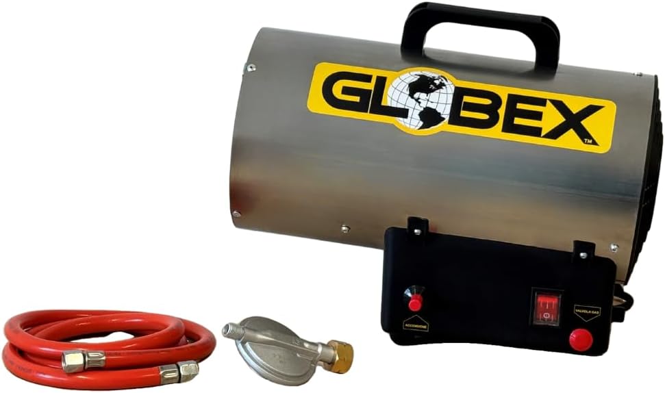 Terrasverwarmer Globex Gas-heteluchtgenerator, GX 10 GA 10 kW, roestvrij staal, hittebestendig, compleet, met slang en regelaar, GPL-butaan en propaan