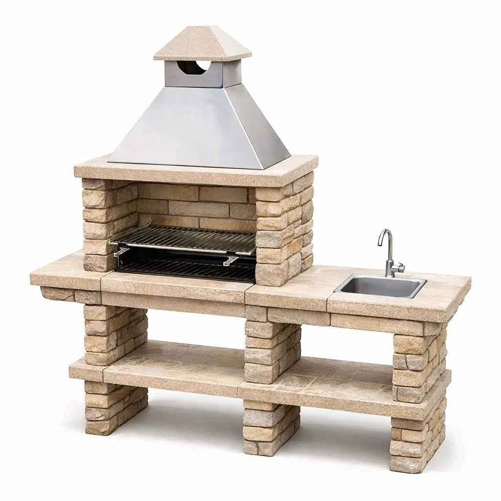 Naturstein-Grillstation mit Edelstahlhaube und Spülbecken
