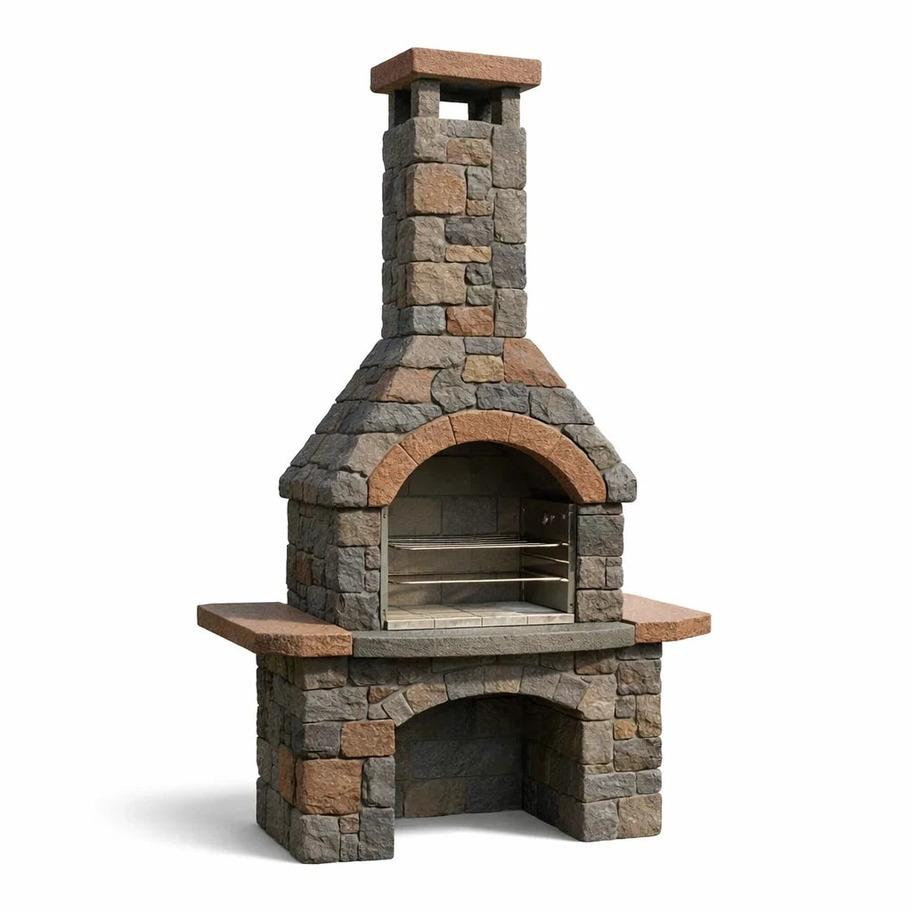 Steingrill mit Schornstein und Edelstahl-Grillrost