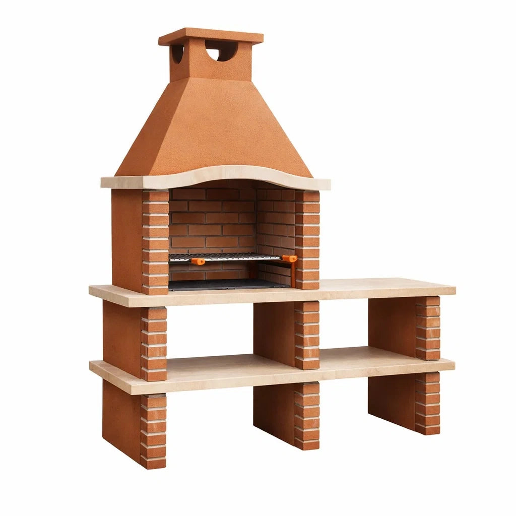 Ziegelgrill mit Kaminhaube und Ablagefächern, 120 x 65 x 210 cm