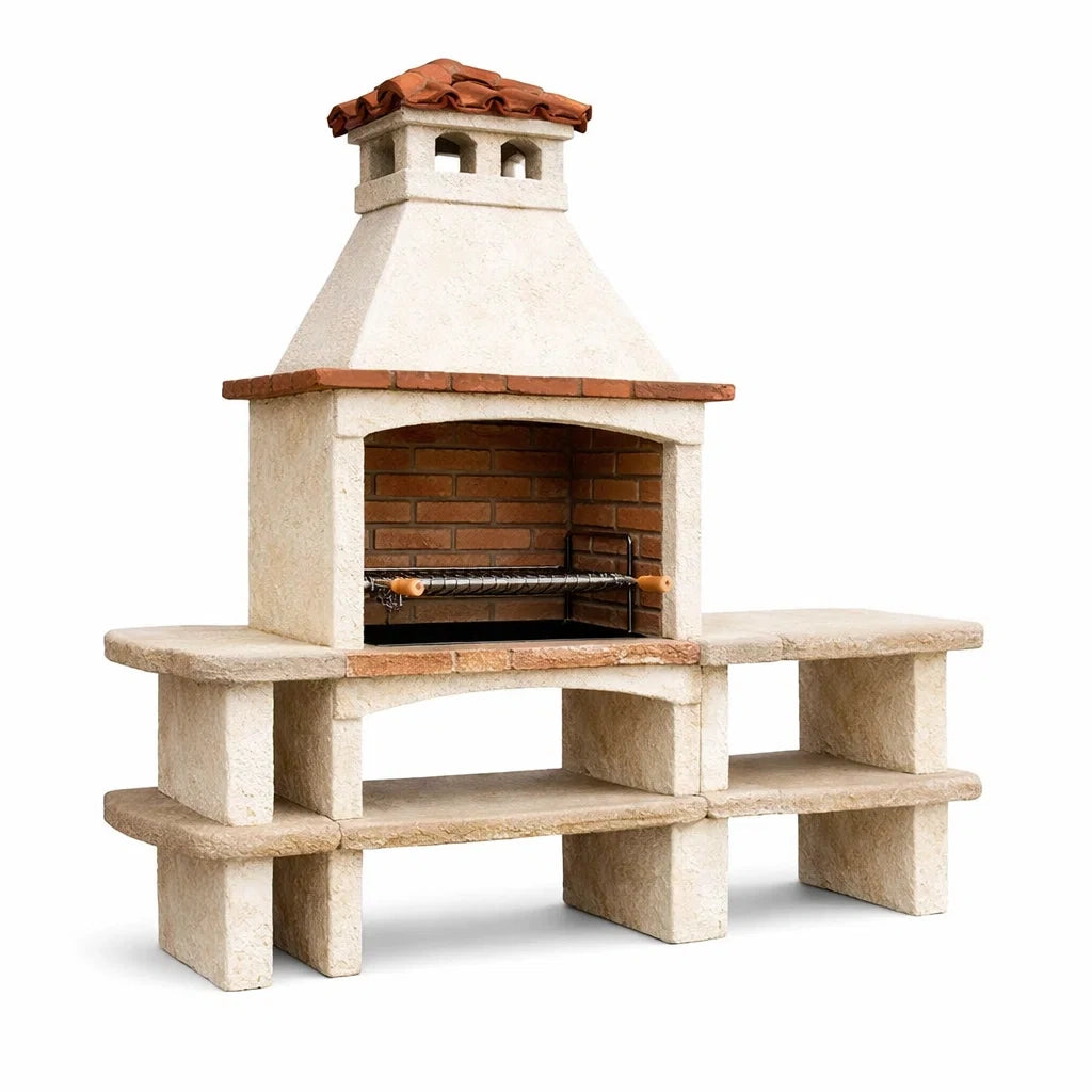 Beton- und Ziegel-Gartenkamin mit Ablagen Beige/Rot