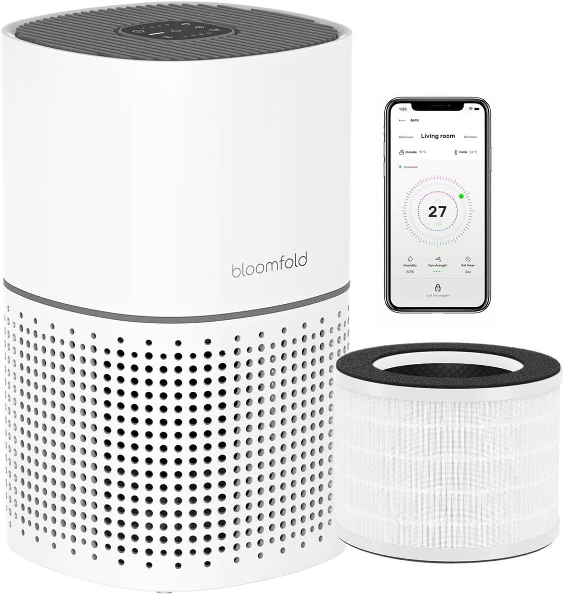 Bloomfold Luchtreiniger, HEPA 13 filter + koolstoffilter, CADR 240m3/h, Luchtkwaliteit indicator 3 standen + slaapstand, Wifi modus & App