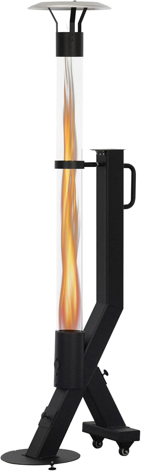 Terrasverwarmer Green Flame Pellet, 6.5kW vermogen, grondplaat voorzien van 2 wielen., Gepoedercoat zwart, Buitenverwarming, Aluminium reflector