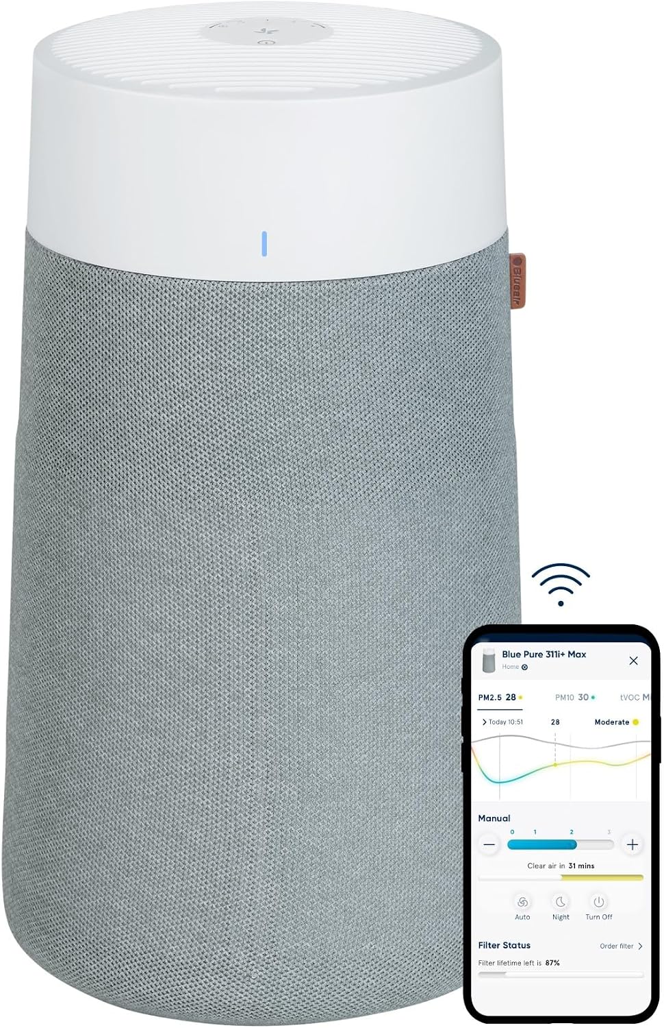Blueair Luchtreiniger, reinigt 206 m2 in één uur, Blauw Pure 3450i Max, voor grote huiskamer, HEPASilent-luchtreiniger, voor slaapkamer, voor stofvorm