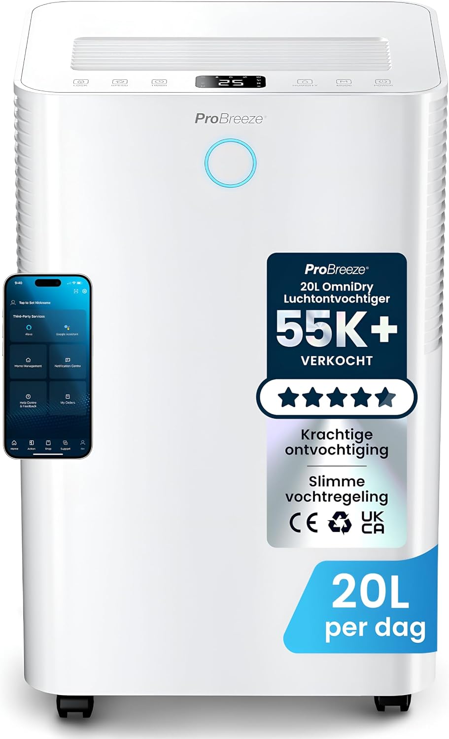 Pro Breeze Luchtontvochtiger OmniDry 20L/dag Grote Compressor, Wasdroogfunctie - 4L Tank Verwijderd Schimmel Vocht, met Smart App, WiFi Dehumidifier