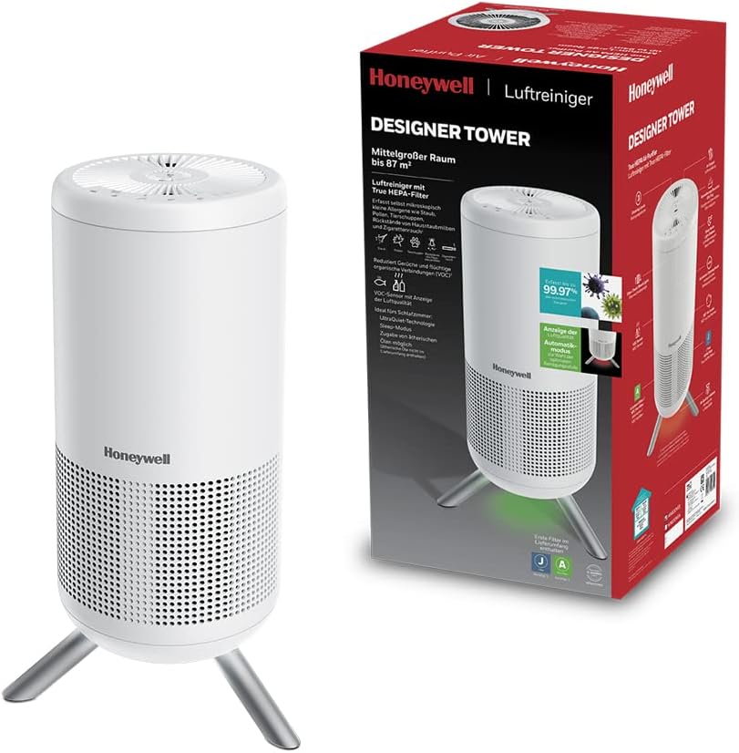 Luchtreiniger Honeywell Designtoren (True HEPA, voor ruimtes tot 87 m2, automatische modus en ultrastille slaapstand) HPA830WE, met allergenenfilter