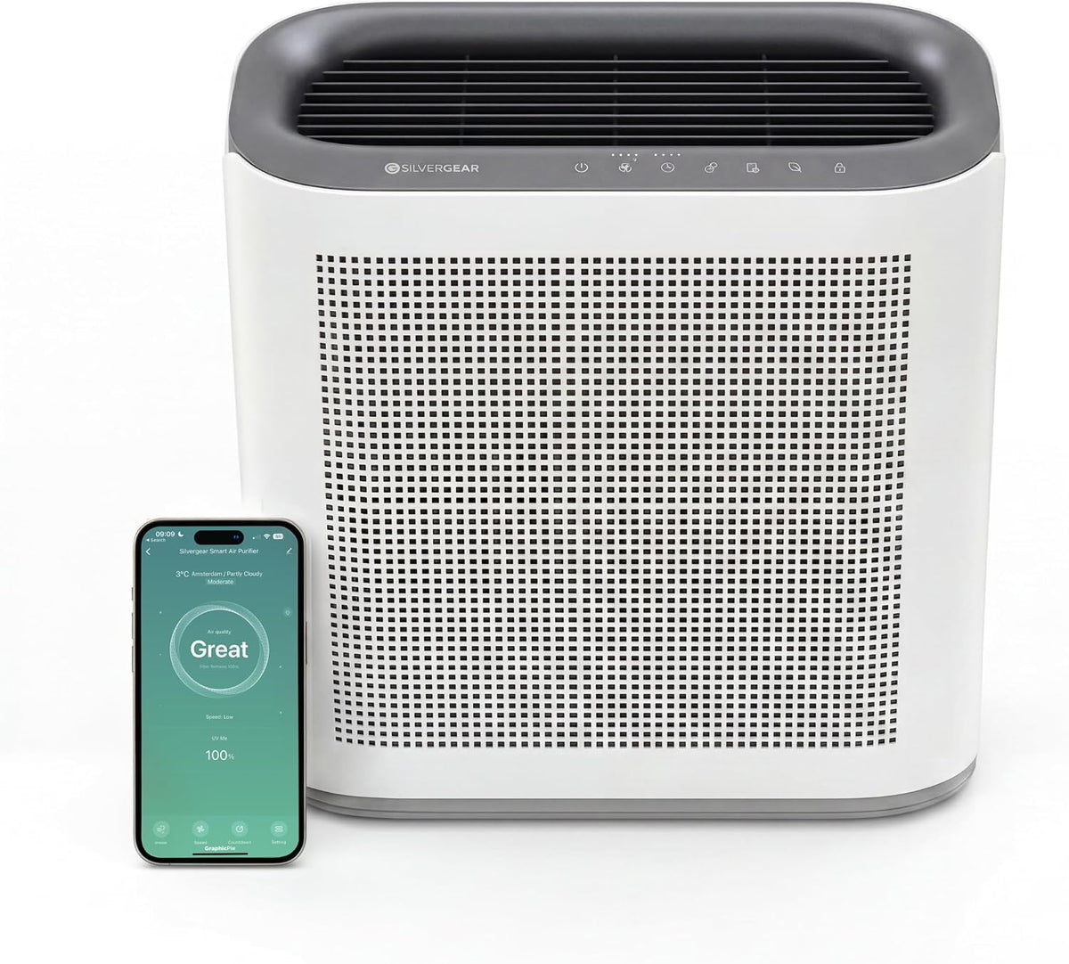 Silvergear Luchtreiniger ® Pro XL, met app en H13 HEPA-filter, luchtreiniger tegen 99,97% allergenen, met 6 ventilatorniveaus, timer en