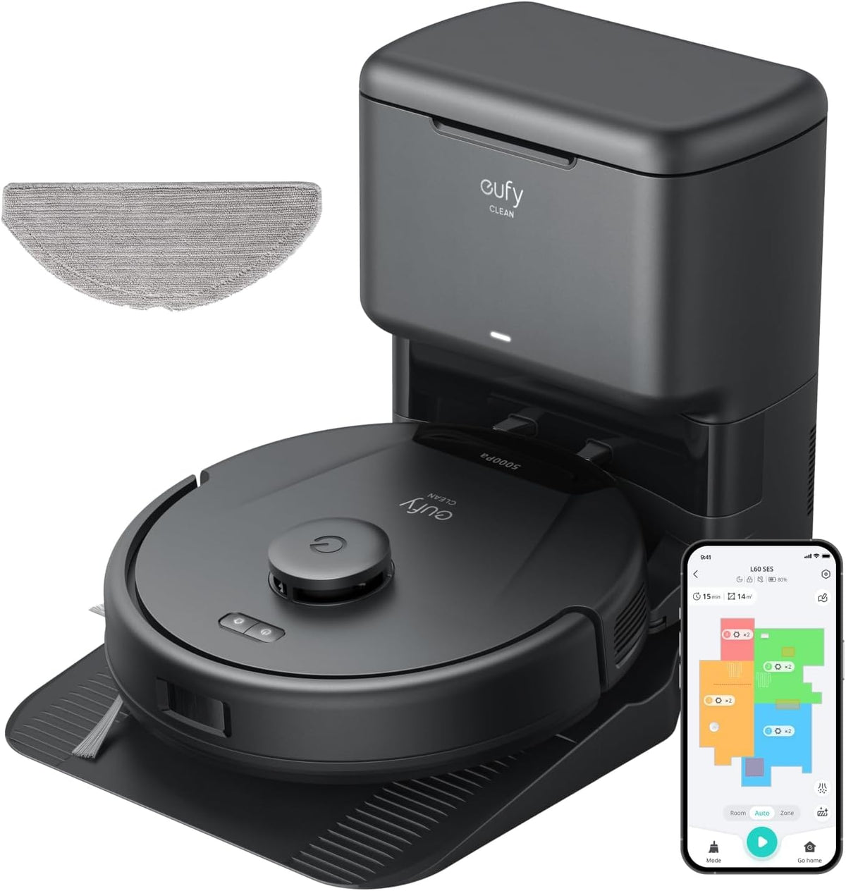 eufy Robotstofzuiger L60 hybride, zeer hoge zuigkracht van 5000 Pa om haar en stof te verwijderen, tot 60 dagen handsfree schoonmaken, dweil.