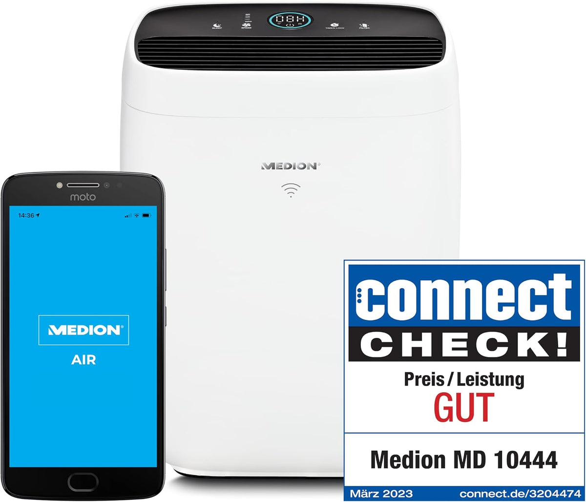 Medion Luchtreiniger, met App Control (HEPA 14 filter, tot 60 m2, MD 10444), Smart, vermindert aerosolen pollen stof dierenharen, timerfunctie