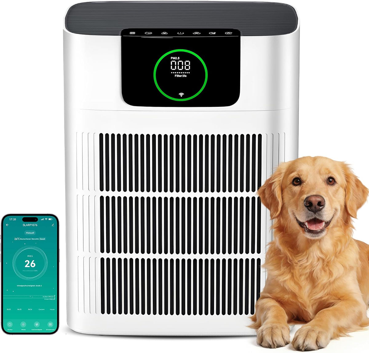 Luchtreiniger Alphaappliance AP002, CADR 330 m3/h, app-gestuurd en 4+1 modus, voor 100 m2, met HEPA-filter en actieve koolfilter tegen schimmel, stof