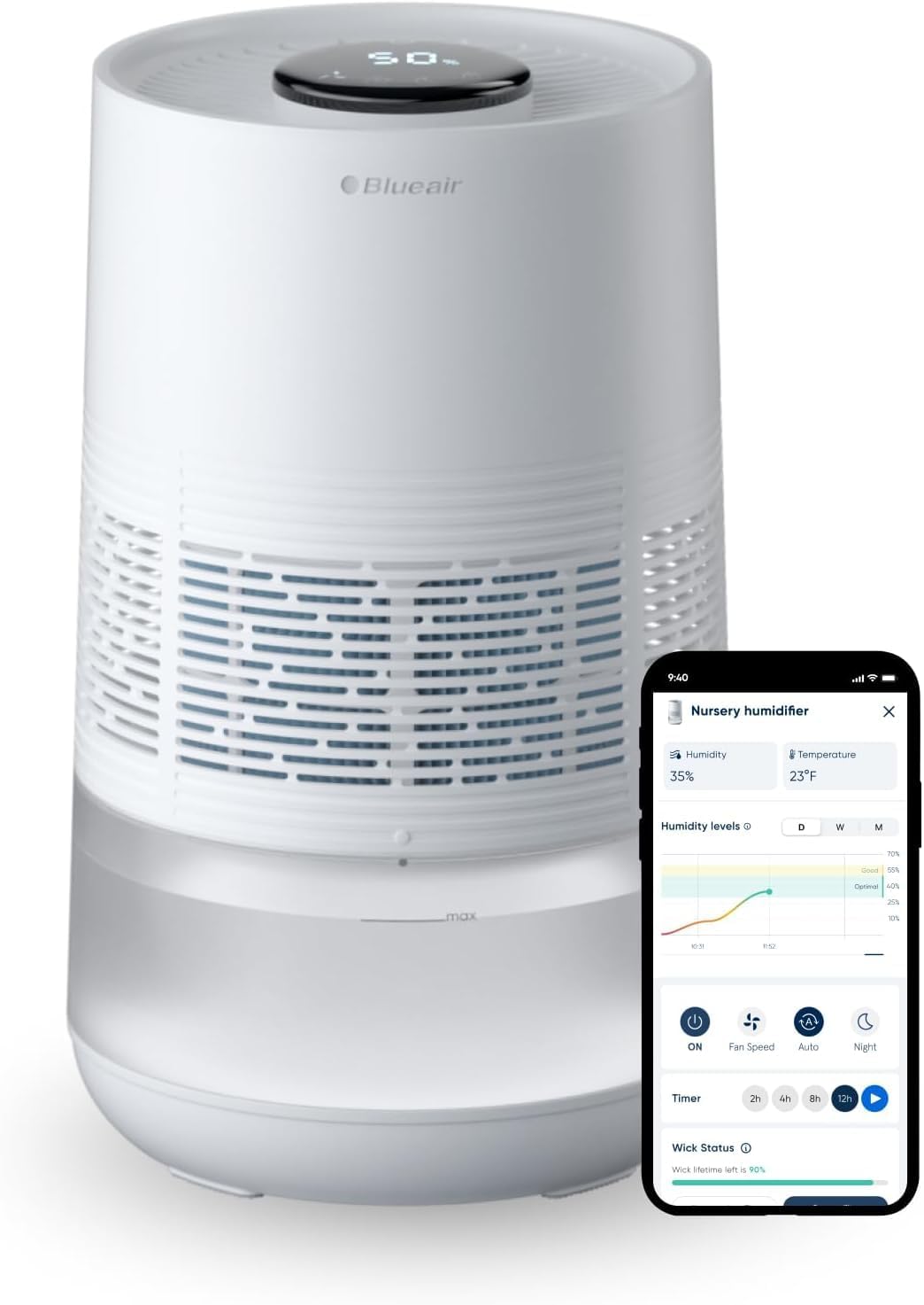 Blueair Luchtbevochtiger premium slimme : 3,5L vaatwasserbestendige tank, voor grote kamers, beter slapen, met verdampingstechnologie