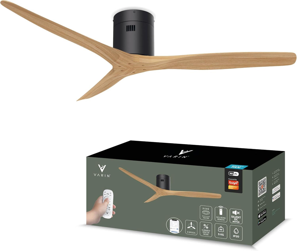 Varin Ventilator ® Slimme Plafondventilator, Ø 132 cm, Zwart/Licht Hout, Lange Bladen