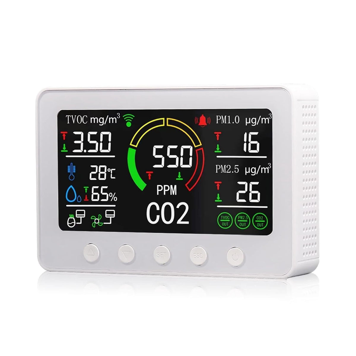 Hphph Luchtkwaliteitsmeter Indoor, Fi Smart luchtkwaliteitsmeter NDIR CO2-meter 6 in 1 digitale temperatuur-vochtigheidssensordetector, voor thuis