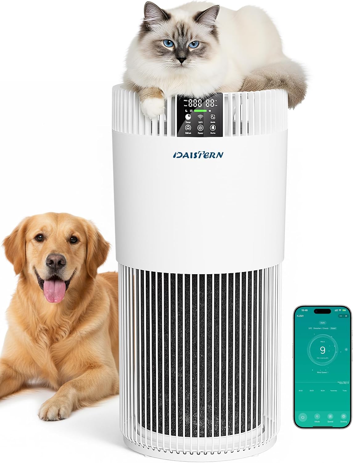 Daistern Luchtreiniger Smart, CADR 345 m3/h, HEPA H13-filter, voor huisdieren tot 78 m2, verwijdert dierenharen, allergenen en geuren, ionisator