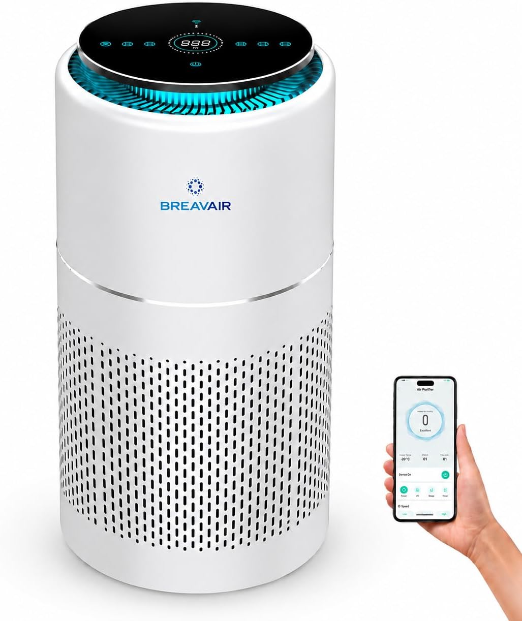 Breavair Luchtreiniger Smart HEPA H13, CADR 330m3/u, verwijdert 99,97% van stof, voor allergieën tot 40m2, met app bediening, pollen, rook en geuren