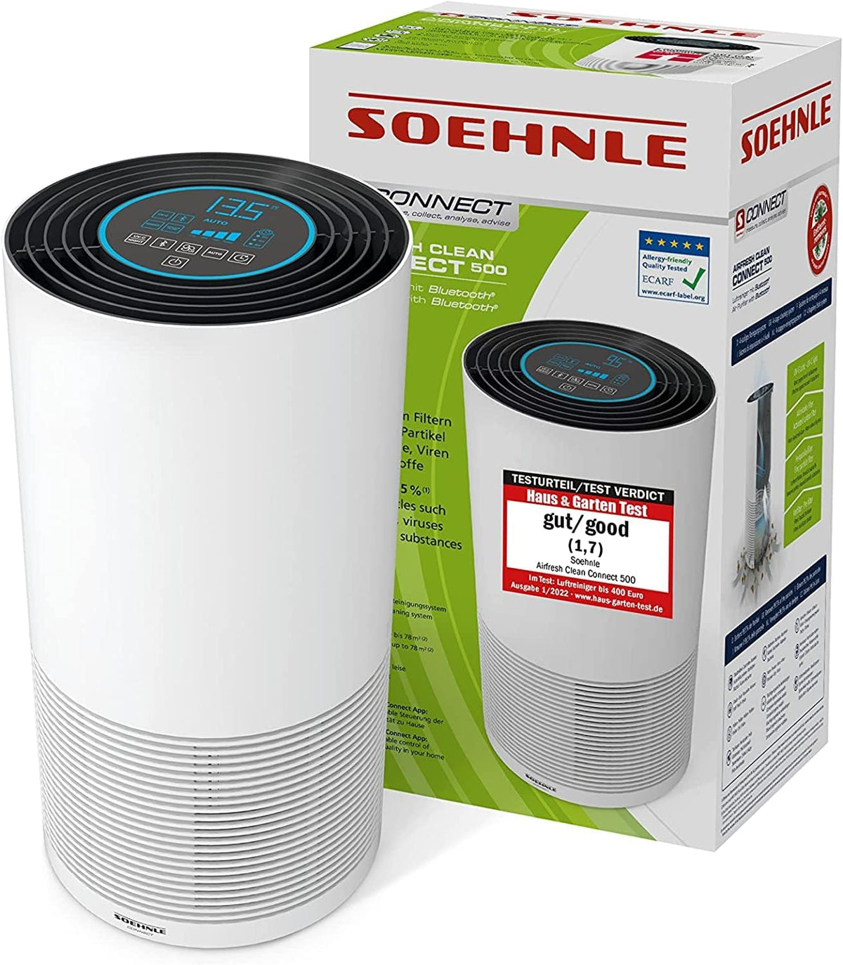 Soehnle Luchtreiniger AirFresh Clean Connect 500, 32 x 32 x 59,5 cm, verwijdert 99,5% van de deeltjes, Wit., met stille verbinding, luchtontvochtiger