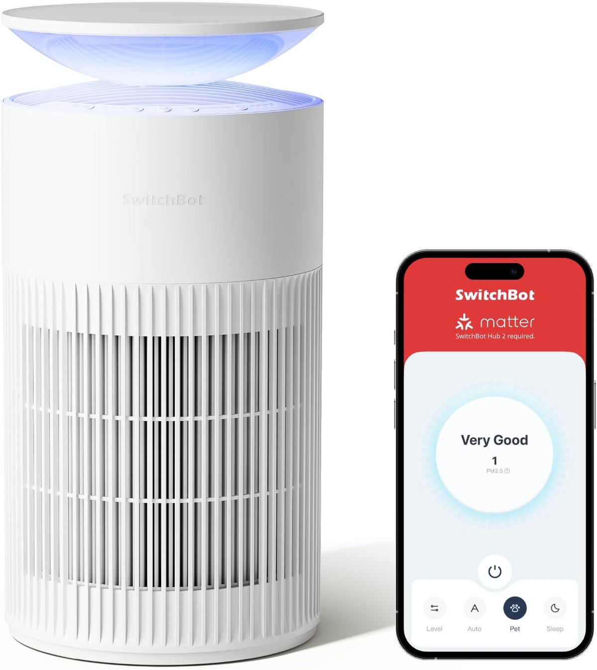 SwitchBot Luchtreiniger, CADR 400m3/h Tot 83m2, Filter Verwijdert 99.97% Schimmel, 20dB Slaapmodus, Met App, HEPA, Bediening En Nachtlampje, Stof