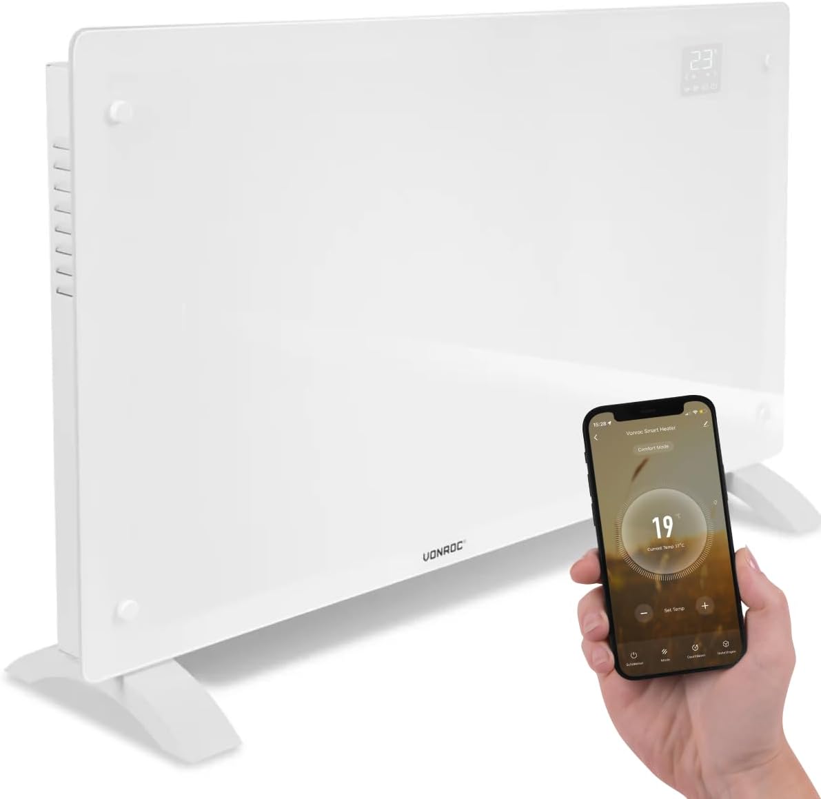 Elektrische kachel Vonroc Luxe, met glazen paneel – 1250W/2500W, Verwarmt ruimtes tot 30m2, met app (via Wifi) als handmatig, Wit, Convectorkachel