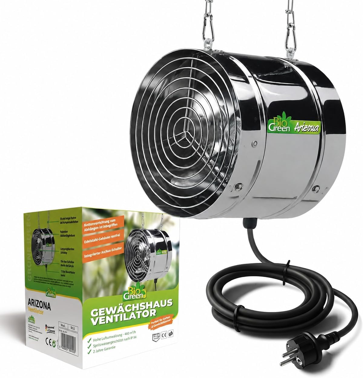 Bio Green Ventilator Arizona, met 420 m3/h luchtcirculatie, IPX4 spatwaterdicht, 31 watt, voor broeikas en serre, convectieventilator