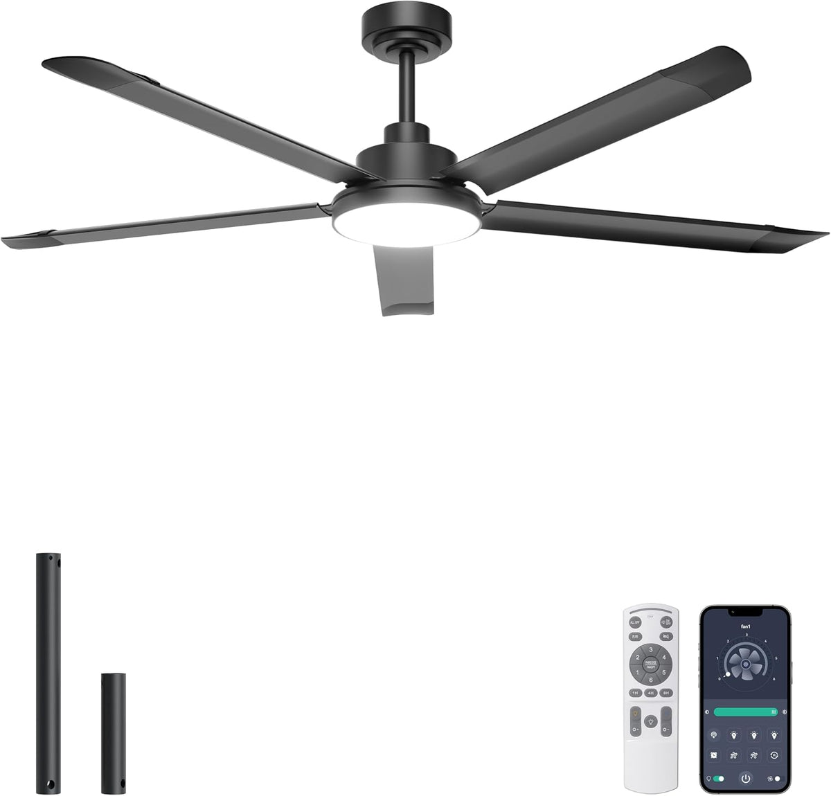Ventilator Ohniyou Plafondventilator, 152 cm, 5 aluminium vleugels, met afstandsbediening/app, zwart, met verlichting, industriële plafondventilator